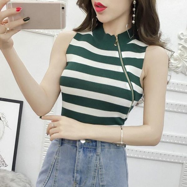 

women's tanks & camis korean style slim summer vest women casual sleeveless knitting o-neck striped ladies p3, White