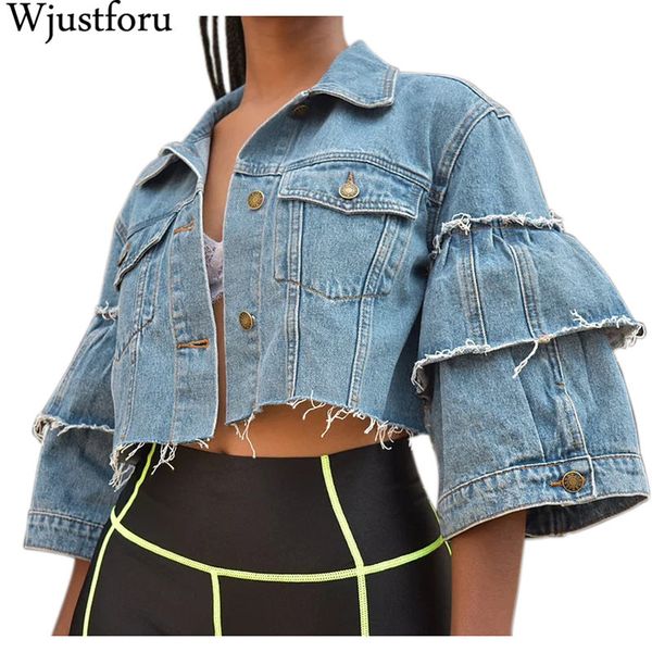 

wjustforu denim jackets women autumn winter 2019 streetwear flare sleeve button up vintage club short coat vistidos slim, Black;brown