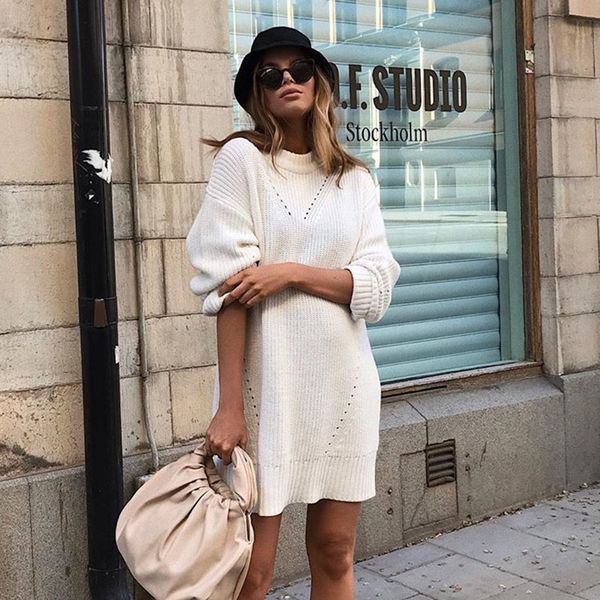

autumn winter thick long sweater women lantern sleeve o neck sweaters pullovers oversized femme, White;black