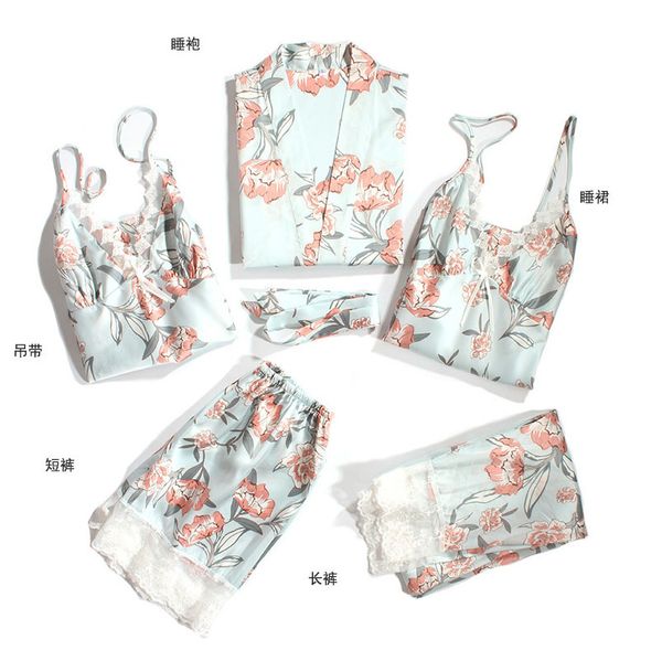 

ladies robe set 5 pieces rayon print sleepwear set lace nightwear set robe+nightdress+slip pant for women, Black;red