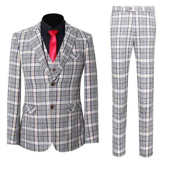

3pcs/set luxury mens suit set gray plaid blazer pants vest marriage tuxedo male business suit terno wedding mens slim fit, White;black