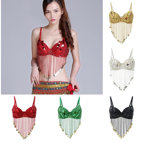 

belly dance beaded bra sequins tassel dancing singer costumes, Black;red