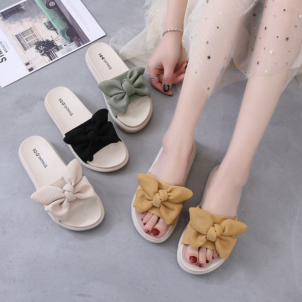 

house slippers platform med butterfly-knot flat shoes female slides slipers women soft summer 2020 pu fashion, Black
