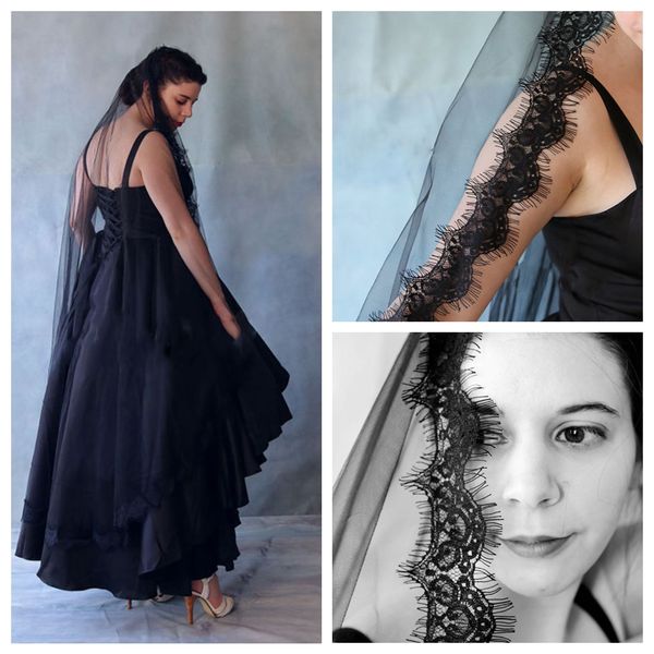 2019 Black Wedding Veil Fingertip Length Applique Lace Edge