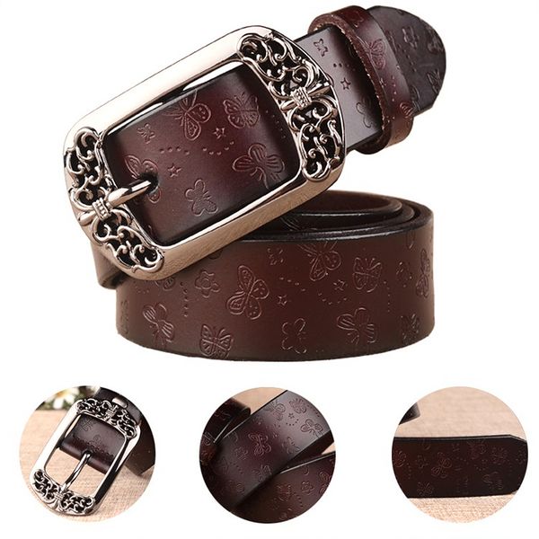 

high-end exquisite ladies needle buckle cowhide belt women's retro leisure decoration carved leather belts wholesale, Black;brown