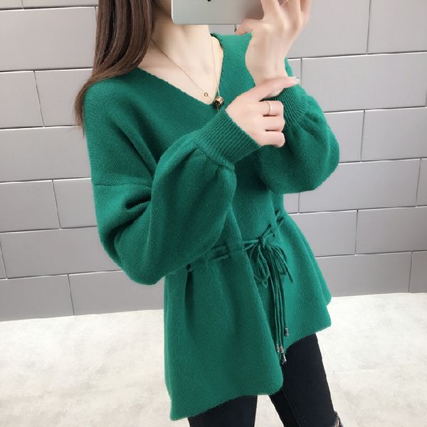 

lucyever autumn women pullover sweater elegant lace up ladies knitted blouse long sleeve v neck winter loose basic jumper top