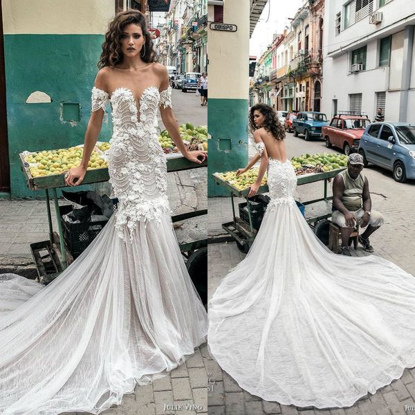 

джули вино 2019 свадебные платья лето sexy милая кружева аппликации блестками boho свадебные платья развертки поезд русалка свадебное платье, White