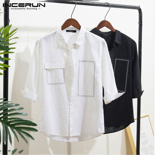 

incerun stylish men shirt turn-down collar cotton linen handsome streetwear blouse 3/4 sleeve business shirts men brand harajuku, White;black