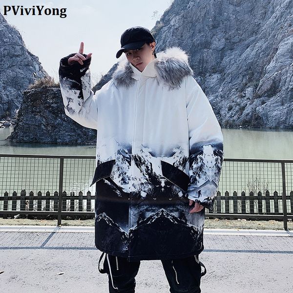 

pviviyong 2019 winter hooded coat men, fashion hip-hop style jacket men parka plus-size 822, Black