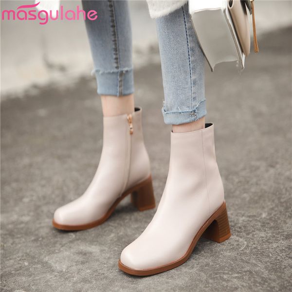

masgulahe genuine leather boots 2020 winter autumn boots for female shoes high heels women's ankle, Black