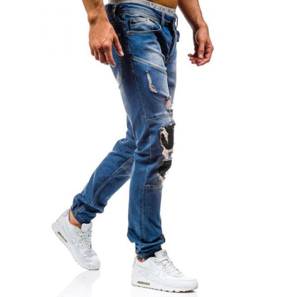 

new style aowofs men pure cotton boutique ouma with holes jeans men's wear long pants 6011, Blue