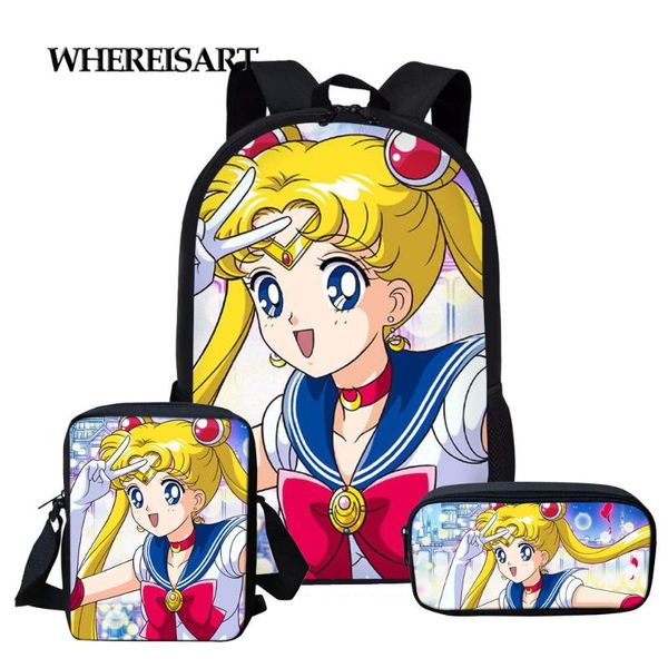 

whereisart 3шт school bag набор для девочек-подростков sailor moon print детская школа сумки мультфильм дети учиться в россии mochila infant