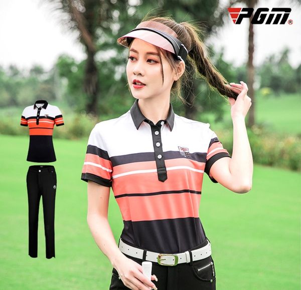 

pgm golf apparel women's sports suit spring summer short sleeve women's apparel + pants striped milk silk t-shirt, Gary;green