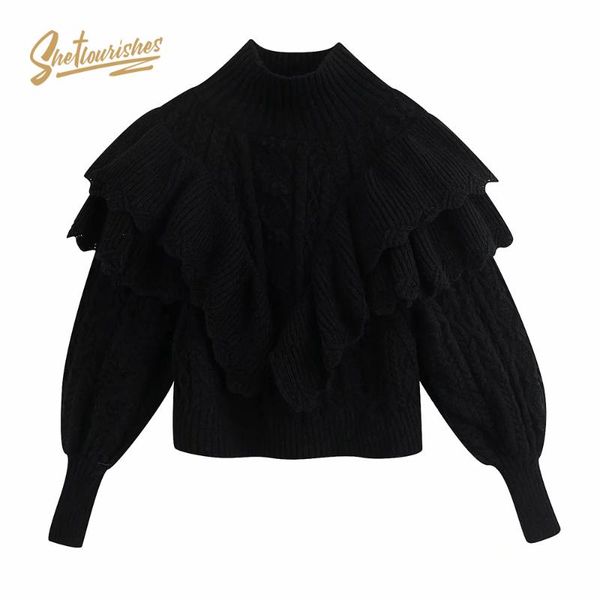 

sheflourishes womens zora sweaters stylish turtleneck ruffles sweater women's knit pullover jumpers female winter sfb4c, White;black