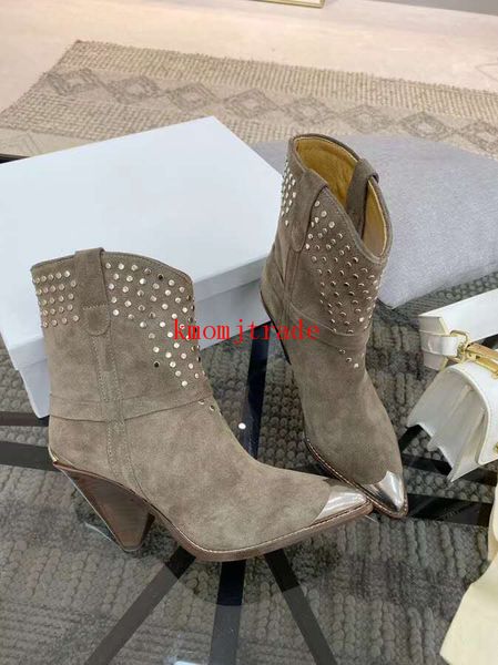 

original box isabel studded marant lamsy ankle boots genuine leather metal toe isabel lamsy heeled boots rock triangular heel metal cap shoe, Black
