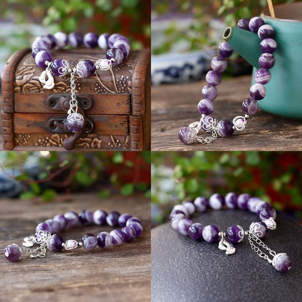 

925 beaded jewelry natural crystal dream amethyst single circle bracelet silver collocation wang love stone pearl mala bracelet for charms, Black