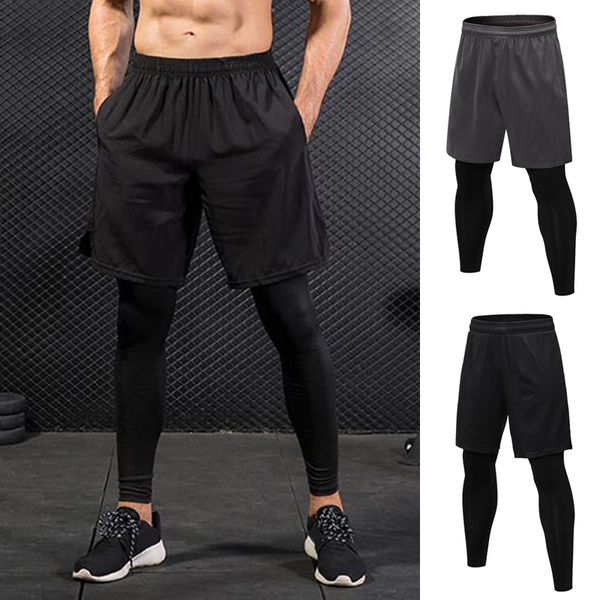 

newly men sports shorts 2 in 1 training running tight pants for workout gym riding bn99, White;black