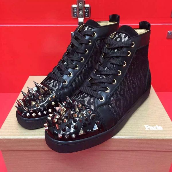 

casual shoe man woman red bottom sneaker fashion patchwork shining gold high rivets lace up party shoes spikes, Black