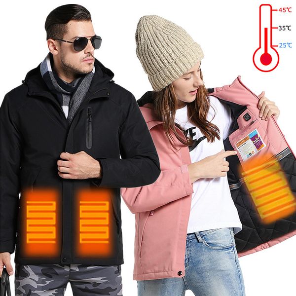 

winter usb fiber heating jacket plus size men women outdoor camping trekking hiking thermal hooded coat waterproof windbreaker, Blue;black