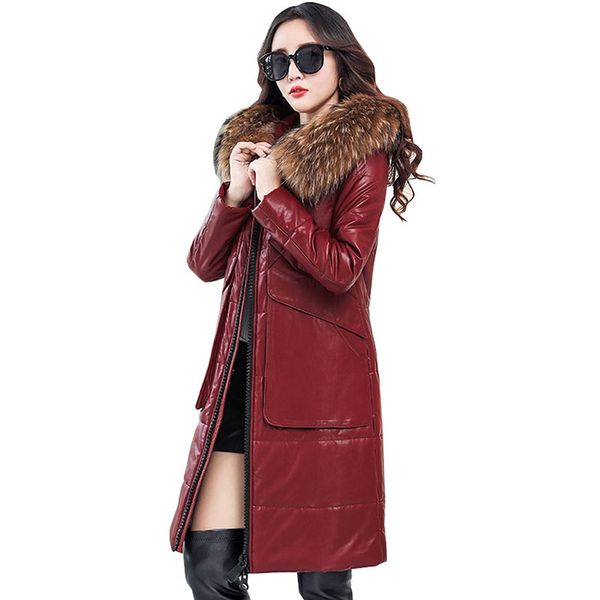 

winter women genuine leather down jacket female new fashion long hooded leather coat women large size fur collar qh1039, Black