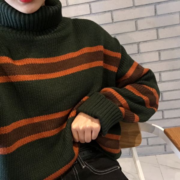 

women's sweaters turtleneck green background orange striped autumn winter jumper fashion pull femme pullover long sleeve knitted sweate, White;black