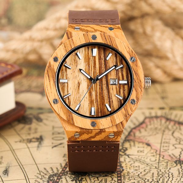 

unique red sandalwood/zebra/maple wooden watch for boy calendar function wooden watches for friends fashionable and novel watch, Slivery;brown