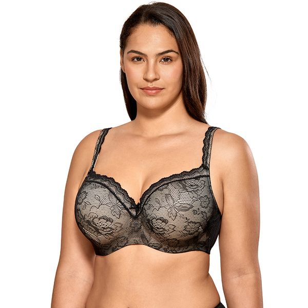 

women's smooth full coverage lightly padded underwire lace balconette bra plus size, Red;black