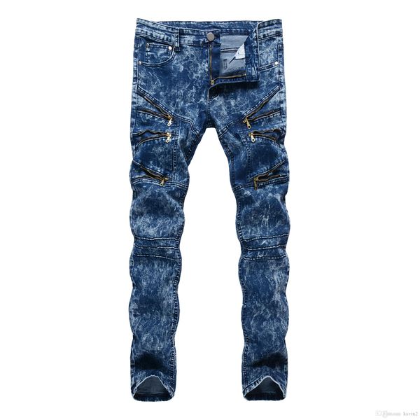 

высокое качество 2018 мода повседневная slim fit multi молния ночной клуб хип-хоп танец улица прямой синий снег мужские брюки мужские джинсы, Blue