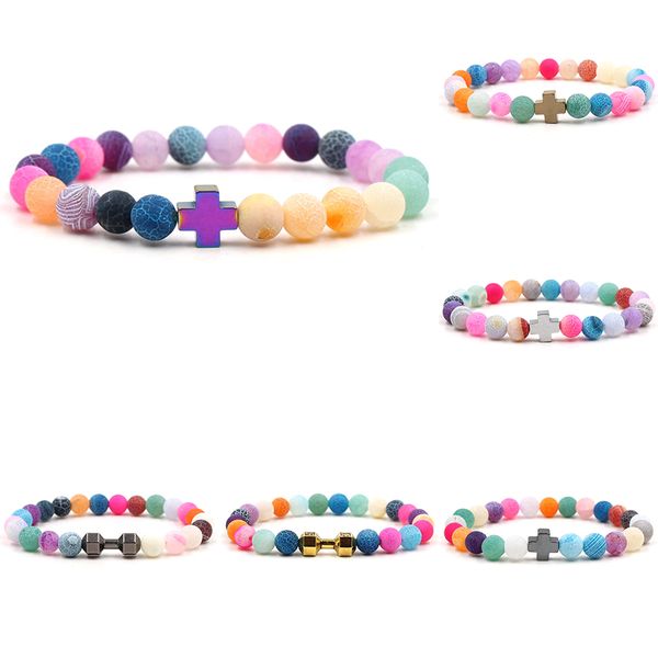 

rainbow weathered agate beaded bracelets women cross dumbbell charm healing natural stone beads wrap bangle for men diy jewelry, Black