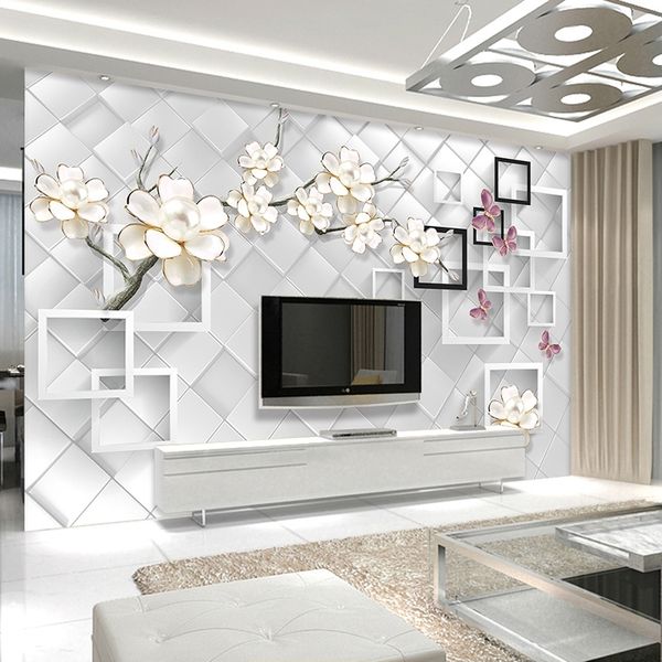 

drop shipping пользовательские 3d фото обои белый цветок ювелирные изделия 3d tv фона современный дизайн настенная картина нетканые обои