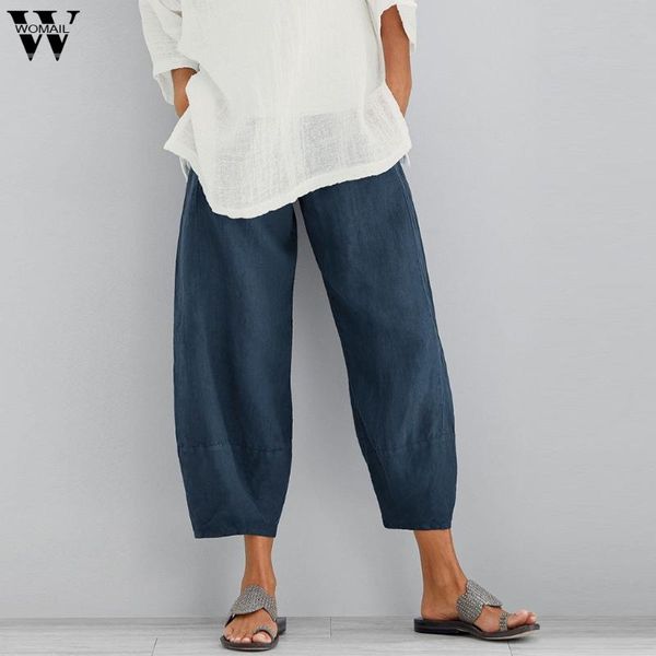 

womail 2020 fashion pants women's casual solid cotton calf-length pants elastic band loose wide leg trousers for ladies june4, Black;white