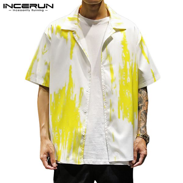 

incerun men hawaiian shirt short sleeve tie dye streetwear breathable blouse vacation loose lapel casual brand shirts men 2019, White;black