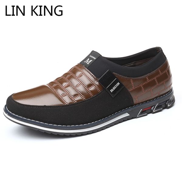 

lin king men casual natural leather loafers man slip on lazy shoes big size outdoor shoes business formal dress for male, Black