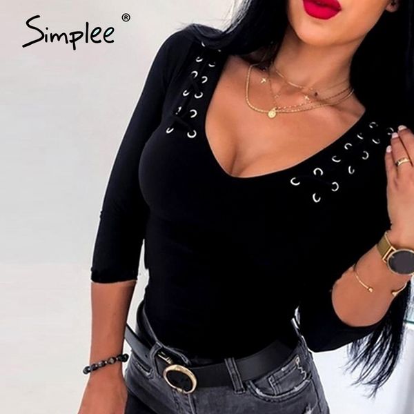 

simplee spring deep v neck women blouse shirt party club black blouse solid shirt feminino knitwear plus size blusas mujer, White