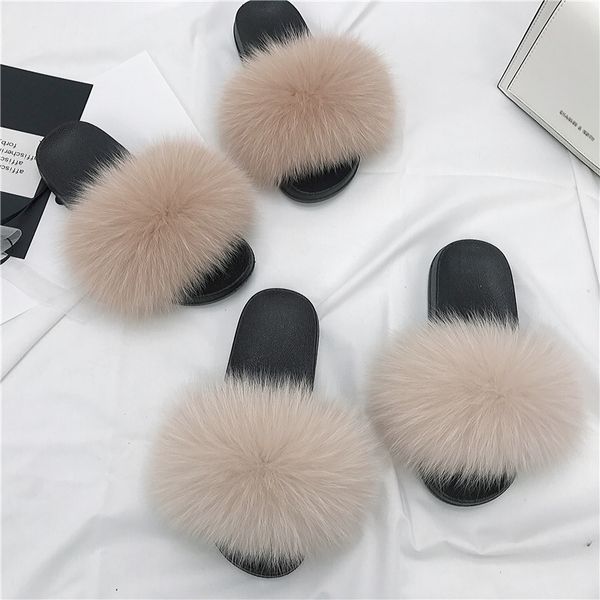 

women slippers real fox fur slippers raccoon fur slides cute plush fluffy ladies shoes women sandals mixed colors women shoes, Black