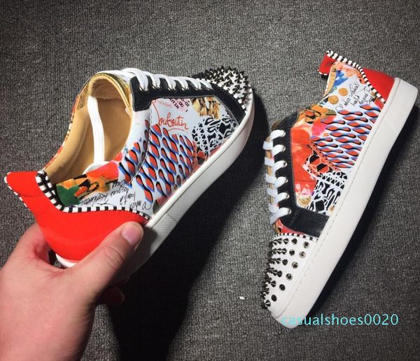 

2019 brand designer luxury mens red bottoms shoes studded spikes low flats casual sneakers for men wedding party dress leather, Black