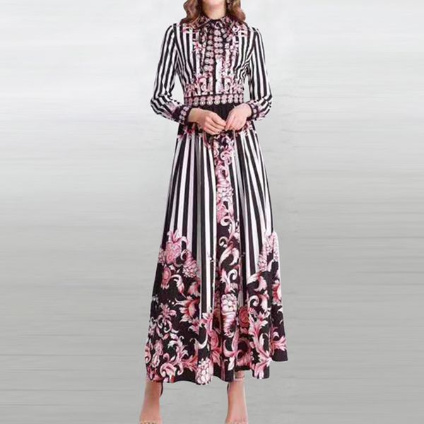 

new fashion 2019 designer runway dress women's long sleeve striped floral long dress, Black;gray