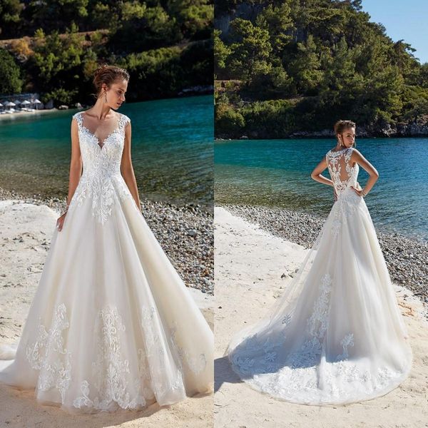 

boho beach чешские свадебные платья 2019 кружева аппликация sheer jewel шея иллюзия назад свадебное платье свадебные платья vestidos de novi, White