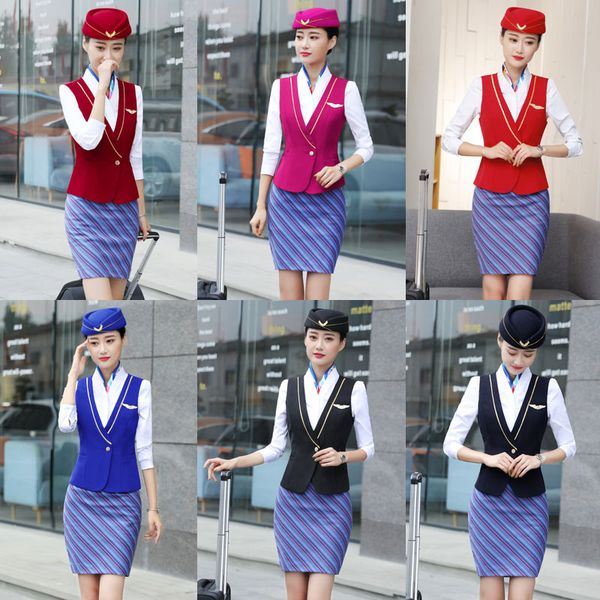 

izicfly new style airline stewardess formal waistcoat ladies suit steward vest business with skirt and uniform pant set big size, White;black