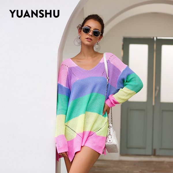 

yuanshu 2019 autumn women sweaters v neck rainbow striped long sleeve winter knitting pullovers one shoulder woman sweater, White;black