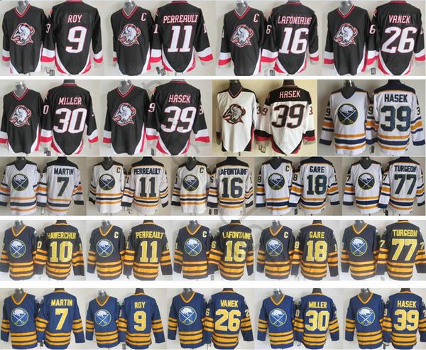 

buffalo sabres winter classic men #30 ryan miller 39 dominik hasek 26 thomas vanek 11 gilbert perreault 77 pierre turgeon ice hockey jerseys, Black;red