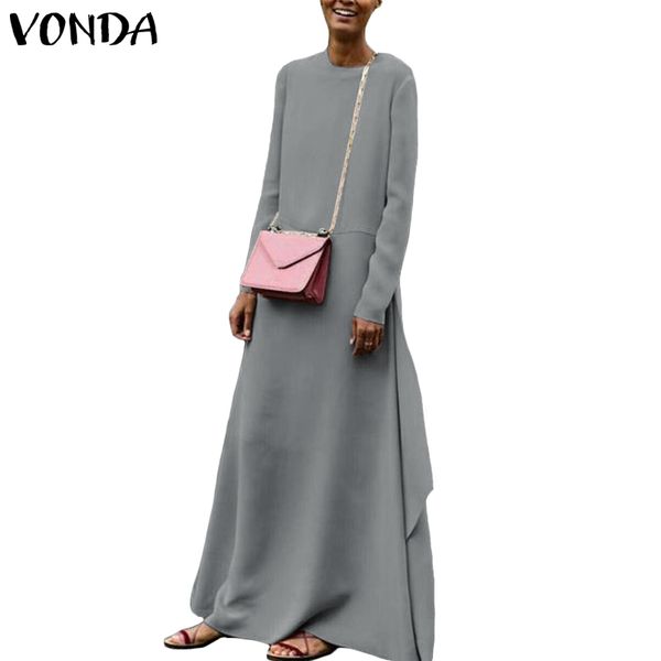 

vonda brand women maxi long dress 2019 autumn casual loose big swing party dresses o neck long sleeve plus size vestidos, Black;gray
