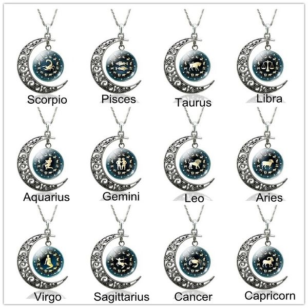 

12 zodiac signs constellations crescent moon pendant necklace astrology jewelry valentines day gift birthday gift for girlfriend, Silver