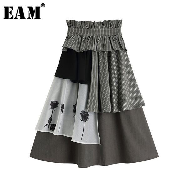 

eam] high elastic waist gray striped pattern printed ruffles half-body skirt women fashion tide new spring autumn 2020 1s389, Black