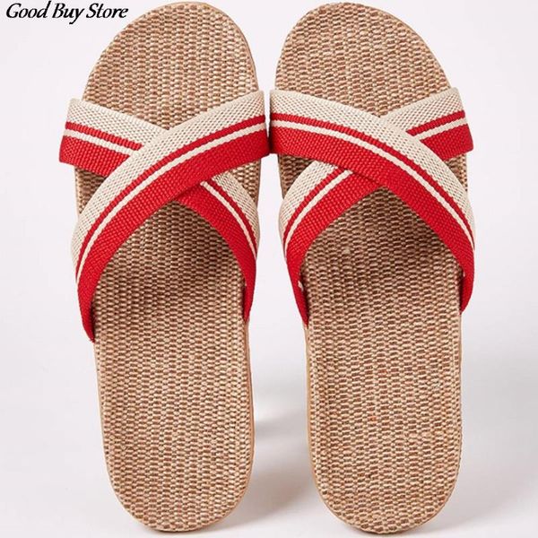 

summer beach slipper women flax linen flip flops girls bohemia casual slippers flat comfortable home footwear cross strap slides, Black