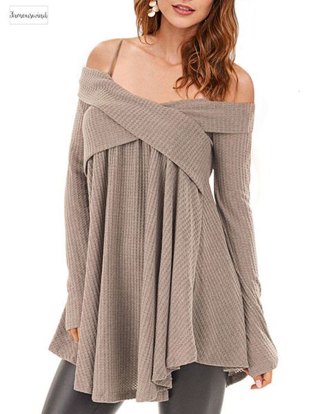 

cold fashion shoulder criss cross tunic sweater casual solid spaghetti strap long sleeve pullover jumpers ladies 2xl, White;black