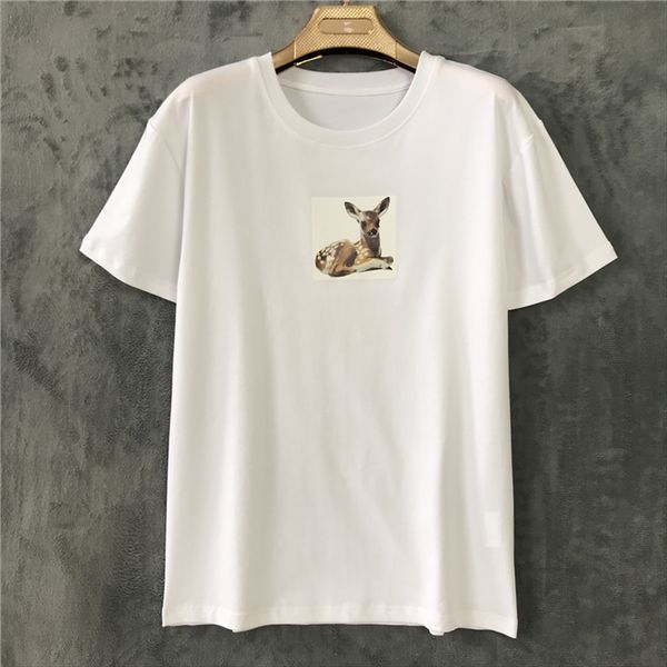 

20s early cute painting deer sika deer front and rear printed loose large t-shirt, White