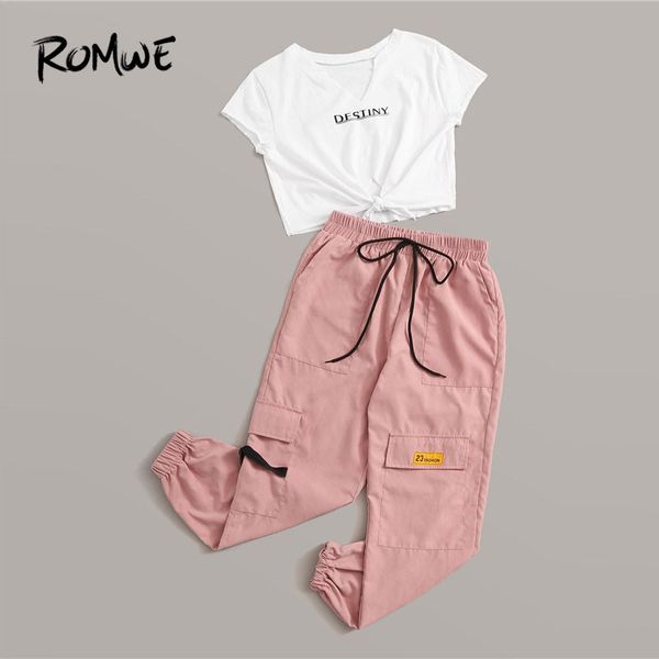 

romwe sporty letter print knot front tee and cargo pants 2 piece set women jogging activewear casual white tee matching set, Black;blue
