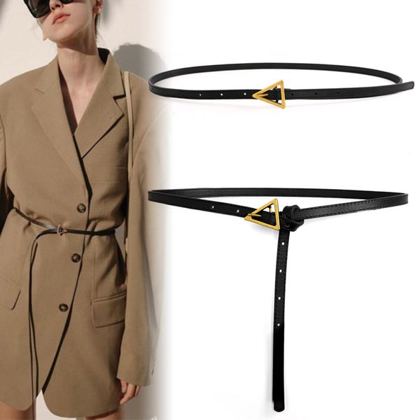 

women belts golden classic retro triangle buckle thin pu leather waist strap casual black ladies female waistband, Black;brown