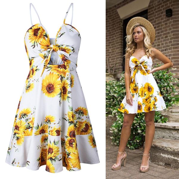 

ladies dress sunflower printed pattern sling backless dress for women summer mug88, Black;gray